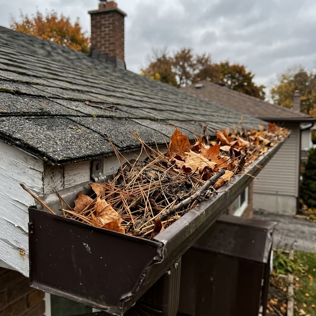 Eavestrough filled with autumn leaves, pine needles and debris requiring cleaning