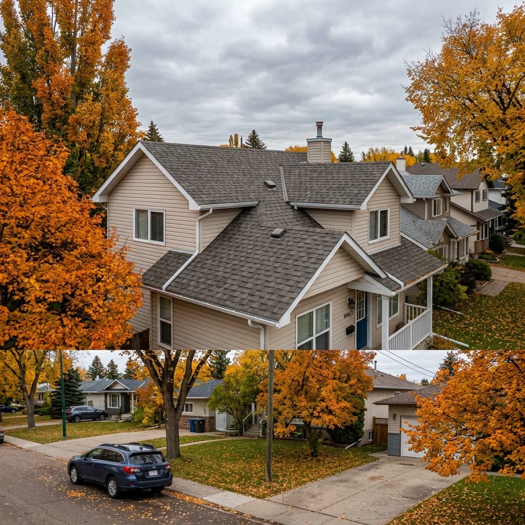 Edmonton suburban home roofline in autumn with mature trees and white aluminum gutters
